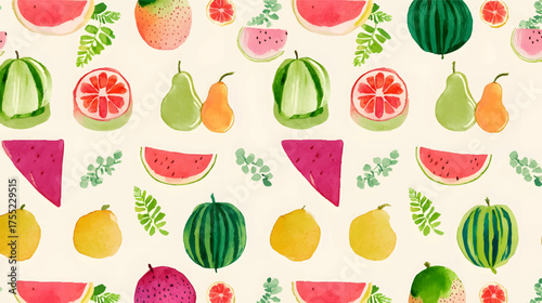 A colorful pattern featuring various fruits including watermelon, pears, lemons, and strawberries, surrounded by green leaves on a light background