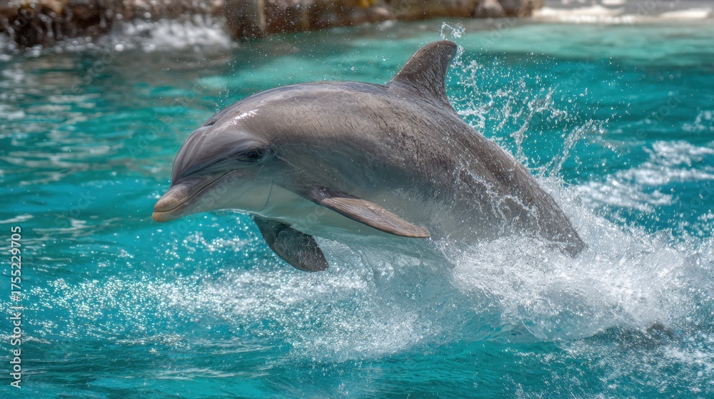 Fototapeta premium A playful dolphin arcs gracefully above the clear blue water splashing joy around it.