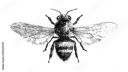 Detailed illustration of a bee with yellow and black stripes, wings spread, showcasing intricate line work and textures