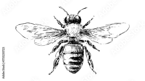 Detailed illustration of a bee with yellow and black stripes, wings spread, showcasing intricate line work and textures