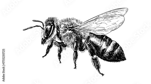 Detailed illustration of a bee with yellow and black stripes, wings spread, showcasing intricate line work and textures