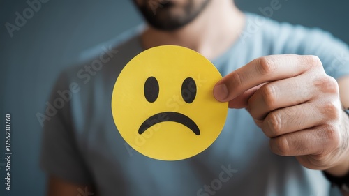 Expressing sadness with a yellow emoji, the man holds a symbol of sorrow and emotional distress