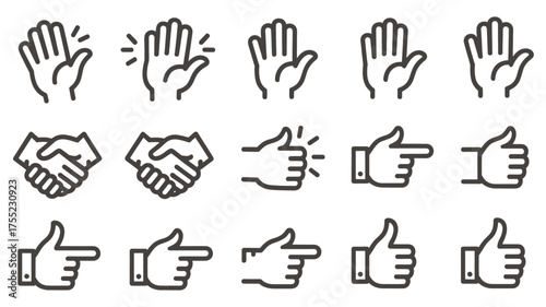 A set of black outline icons showing various human hand gestures like waving, shaking hands, thumbs up, and pointing.