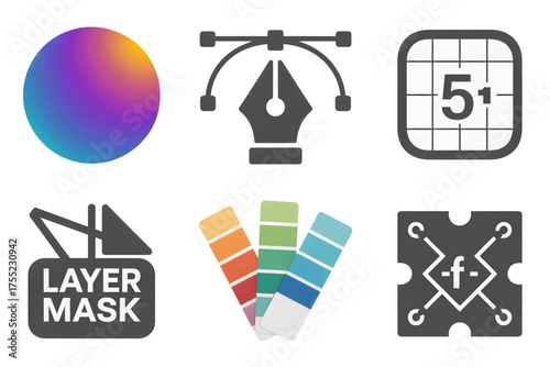 A collection of six flat icons representing various graphic design tools and concepts.