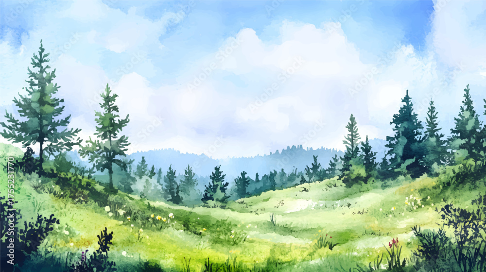 Obraz na plátně A serene landscape featuring lush green meadows and tall pine trees under a bright blue sky with fluffy clouds