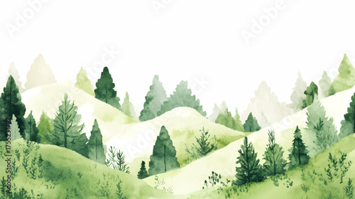 A serene landscape featuring lush green meadows and tall pine trees under a bright blue sky with fluffy clouds. Watercolor pine trees forest illustration