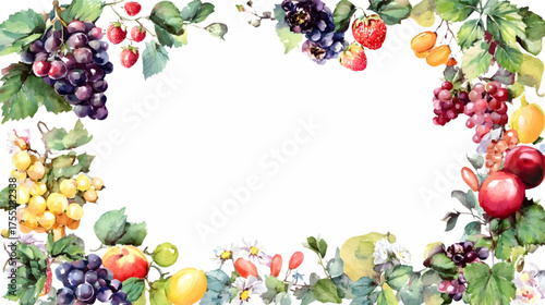 A vibrant watercolor border featuring various fruits and flowers, including apples, pears, grapes, and colorful blossoms, perfect for invitations or decorative purposes