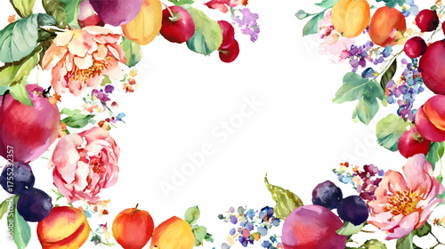 A vibrant watercolor border featuring various fruits and flowers, including apples, pears, grapes, and colorful blossoms, perfect for invitations or decorative purposes