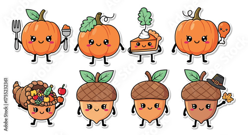 Adorable kawaii Thanksgiving icons celebrate the season with pumpkins, acorns, cornucopia, and pumpkin pie for festive designs and holiday cheer