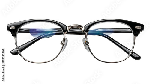 A pair of black and silver clubmaster style eyeglasses with clear anti-glare es, isolated on a white background.