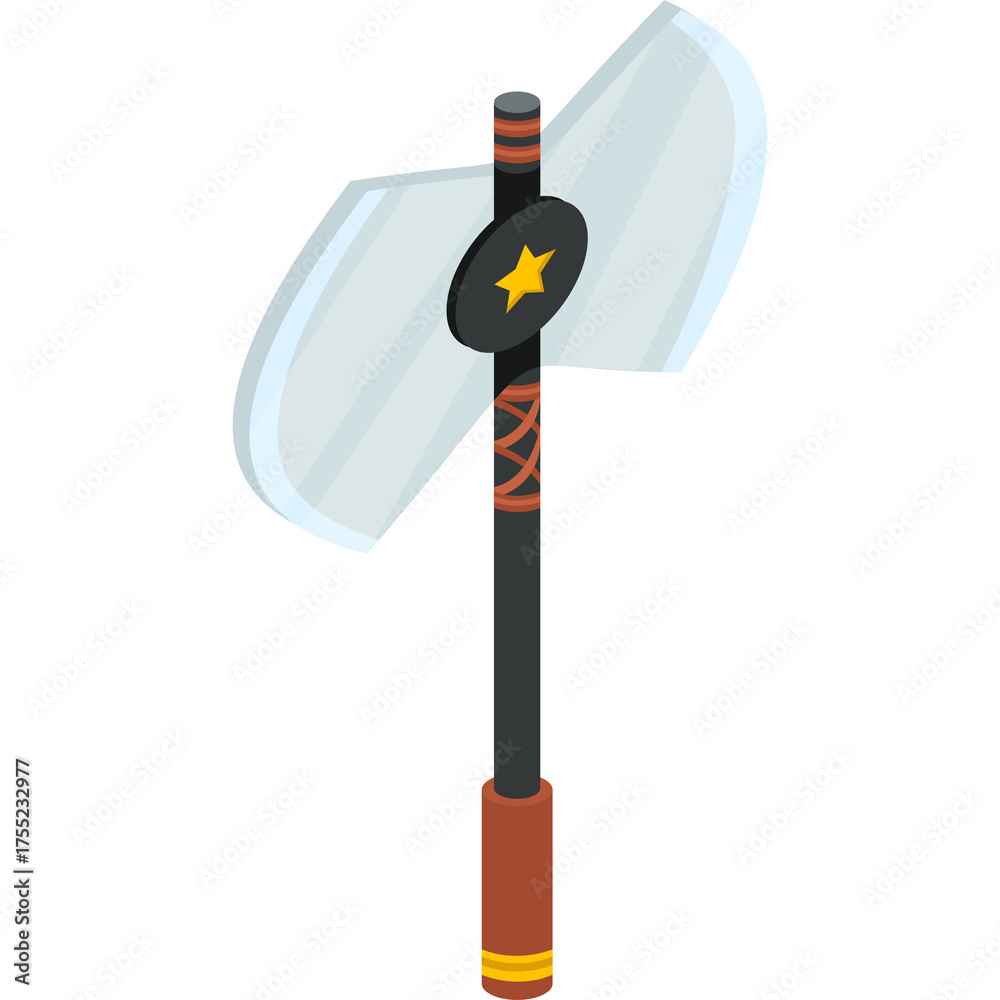 Naklejka premium Pixel Art Two Sided Axe With A Star Emblem And Orange Grip On A Transparent Background