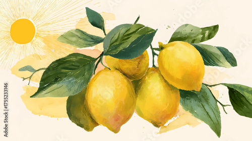 Watercolor painting of lemons with green leaves on a light background.
