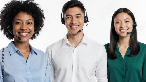 Three smiling diverse customer service representatives wearing headsets on a white background