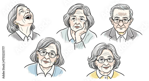 Diverse seniors showing range of emotions from joy to sadness, perfect for healthcare or aging lifestyle campaigns, conveying empathy and understanding