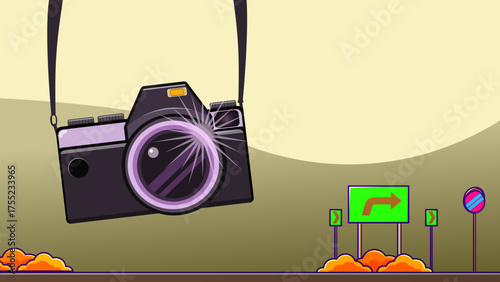 Vibrant vector illustration of an oversized camera suspended by a strap above a roadside scene with bright road signs, orange clouds, and a stylized sunset, evoking creativity, travel, and photography