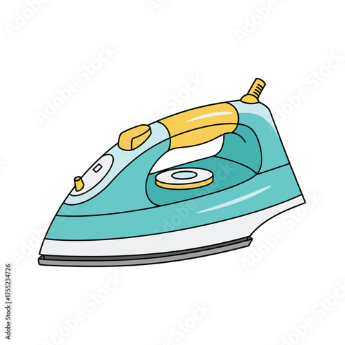Stylish turquoise and yellow iron for wrinkle-free clothes and crisp fabrics, perfect for home decor and cleaning advertisements, adding a touch of modern style