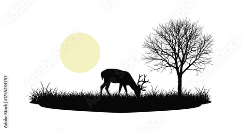 Peaceful silhouette of deer grazing in meadow at sunset with bare tree, perfect for nature lovers, wildlife enthusiasts, and serene landscapes projects