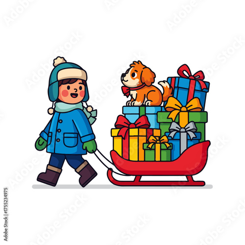 A cheerful child in winter clothing pulls a sleigh filled with colorful gift boxes and a small dog.