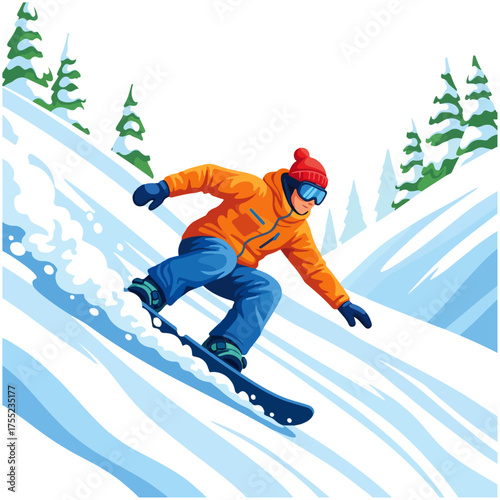 An illustration of a person snowboarding down a snowy mountain slope, wearing an orange jacket, blue pants, and a red beanie, with pine trees in the background.