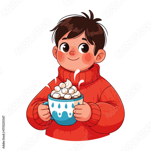 Cartoon boy in red sweater holding hot chocolate with marshmallows.