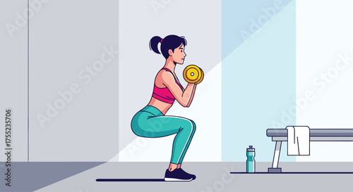 Dynamic woman doing squats with dumbbell in modern gym - empowering workout for fitness blogs and healthy lifestyle campaigns, weight training illustration