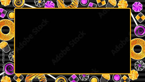 ハロウィン風、お菓子のイラストフレーム、16:9サイズ