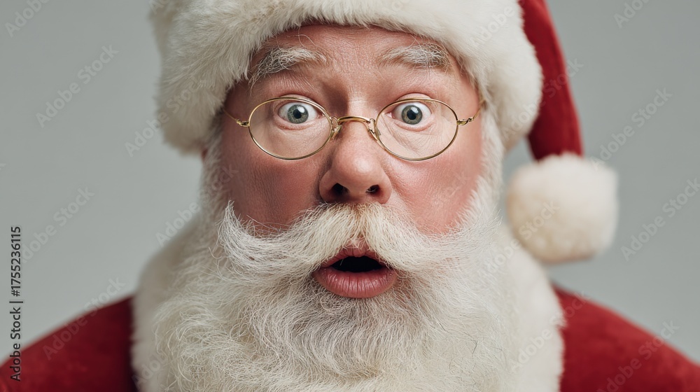 Naklejka premium Surprised Santa Claus Portrait: Authentic Expression of Holiday Joy and Astonishment with Festive Costume