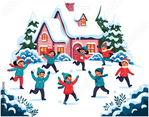 Children joyfully playing in the snow with a snowball fight in front of a cozy, snow-covered house and pine trees.