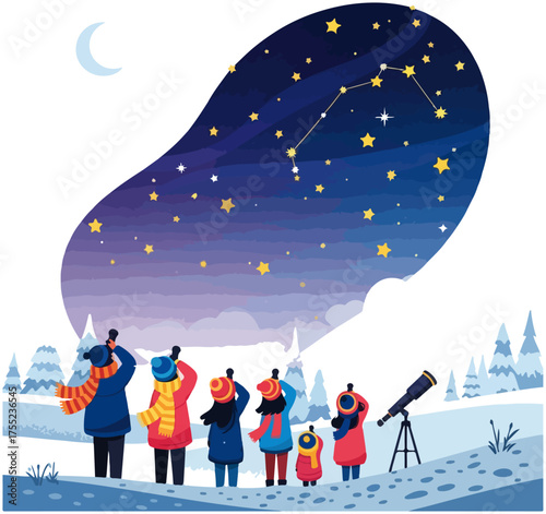 A group of people stargazing at night in a snowy landscape, observing constellations through telescopes and binoculars.