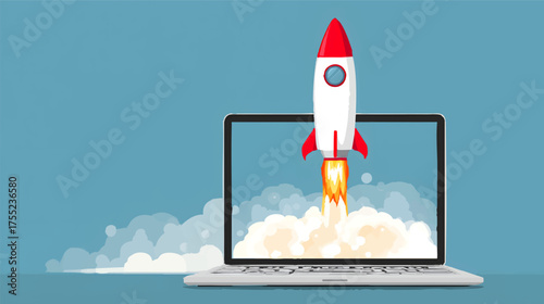 A rocket launching from a laptop screen, surrounded by clouds and sparkles, representing innovation and technology vector illustration