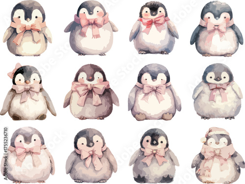 Watercolor Baby Penguin Clipart with Pink Bows