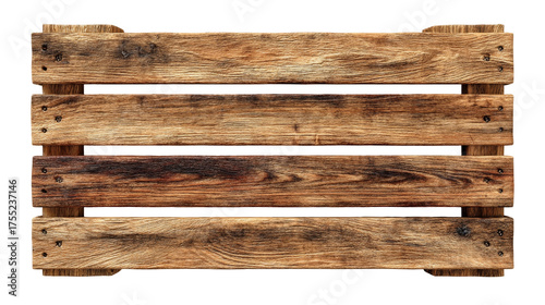 Rustic weathered wooden crate with textured natural wood grain and aged, burnt surfaces, isolated on a white background.