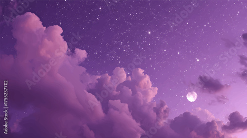 A dreamy night sky filled with purple clouds, twinkling stars, and a crescent moon
