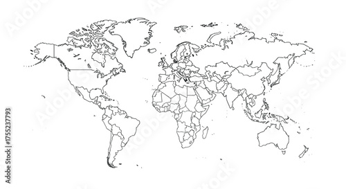 Detailed outline world map ready to be colored in for geography lessons and learning about global connections in a simple black and white design for education