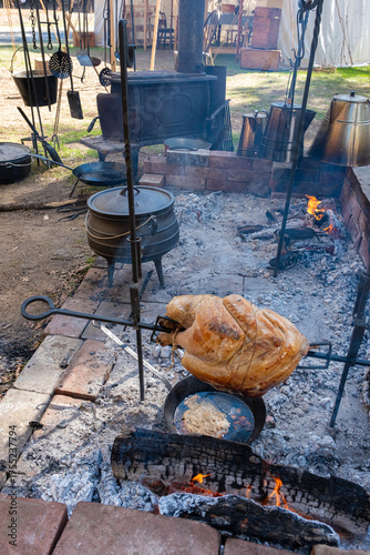 Turkey Cooking on Spit at a Gold Rush Camp
