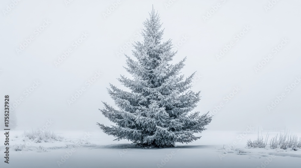 Fototapeta premium Isolated Spruce Tree Covered in Frost, Standing Alone in a Winter Landscape with Overcast Skies
