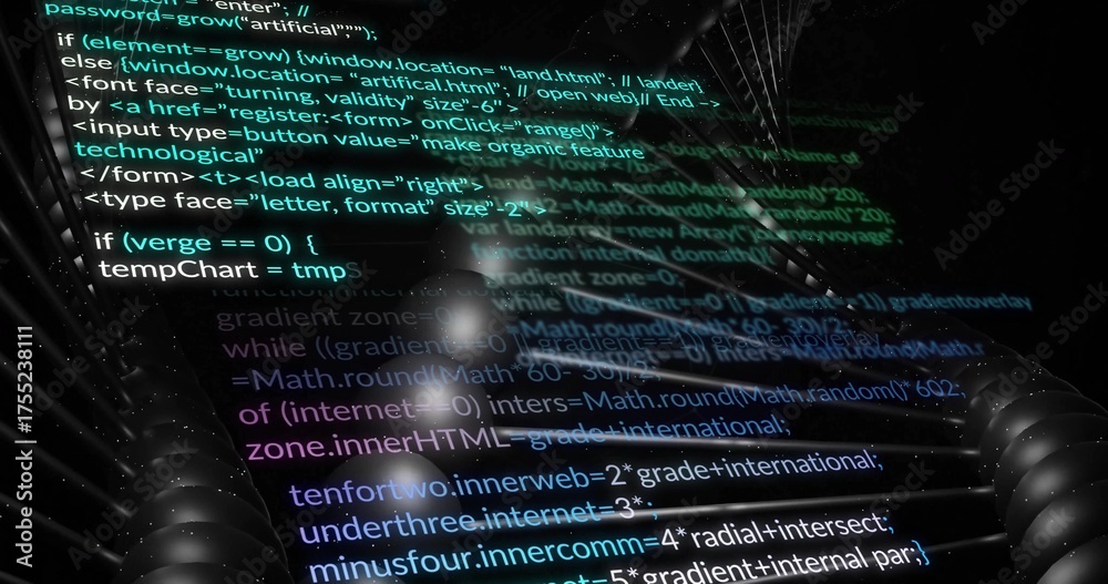 Naklejka premium Displaying JavaScript and HTML code overlay on engine wall, with metal coils and spherical lights