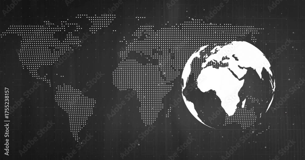 Fototapeta premium Displaying 3D globe showing Europe and Africa over grid, with dotted map, particles, copy space