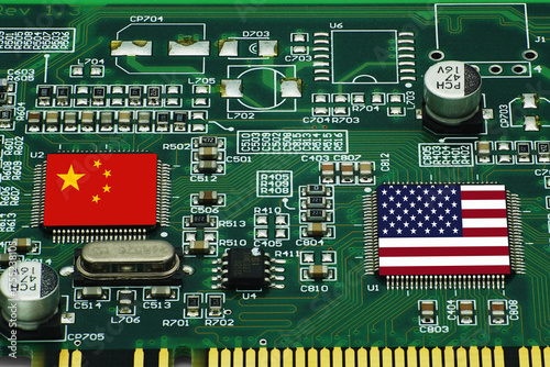 Chinese and American flags on AI GPU processors.