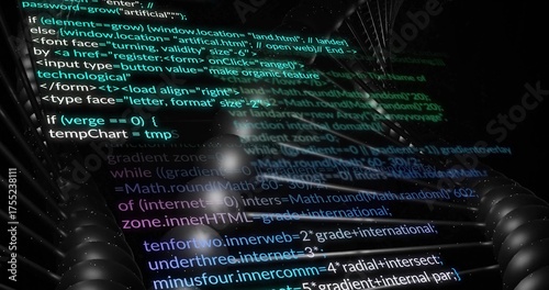 Displaying JavaScript and HTML code overlay on engine wall, with metal coils and spherical lights
