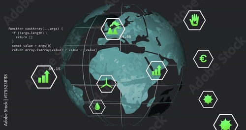 Displaying 3D globe focusing on Africa and Europe on dashboard, data icons, JavaScript code snippet