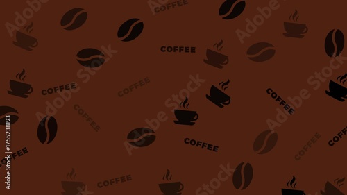 Brown background with coffee beans cups words graphics scattered. Suitable for coffee shop promotions, social media posts, menu designs.