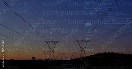 Showing high-voltage towers stretching power lines above rolling hills at dusk, with code overlay