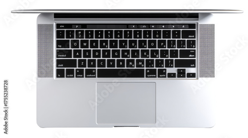 Top view of an open silver laptop with a black keyboard and trackpad on a white background.