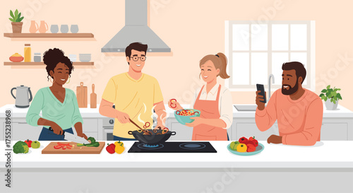 Happy friends cooking up a healthy stir-fry together in a bright, modern kitchen, sharing laughs and creating lasting memories with vibrant food