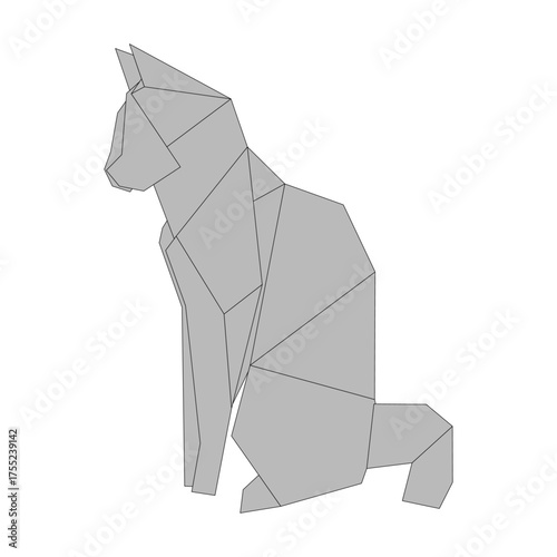 A geometric origami-style illustration of a cat. The cat is depicted in a sitting position, composed of various triangular shapes in shades of gray.