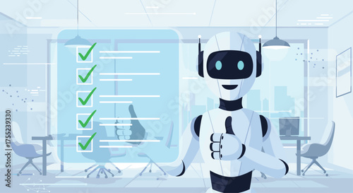Friendly robot giving thumbs up with completed checklist in modern office, showcasing efficiency and AI solutions for business process automation tasks