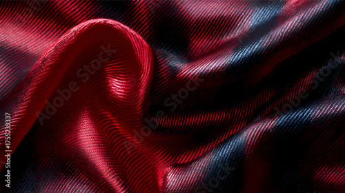 Close-up of flowing black and red satin fabric, showcasing smooth texture and elegant draping