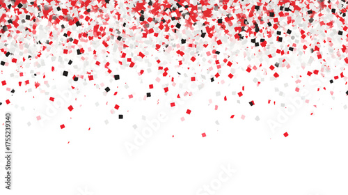 A vibrant background of falling confetti in red, white, and black colors, creating a festive atmosphere