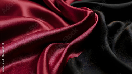 Close-up of flowing black and red satin fabric, showcasing smooth texture and elegant draping
